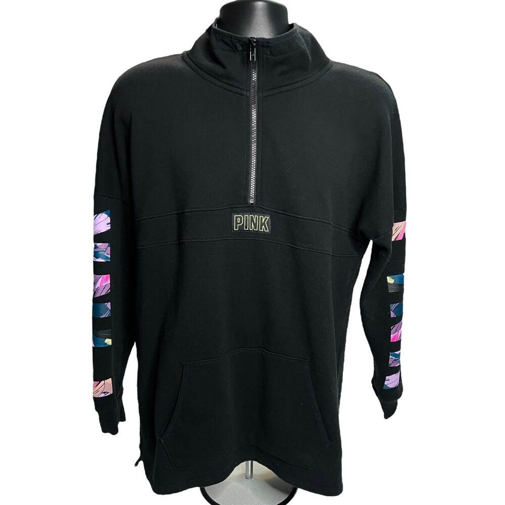 Victoria’s Secret PINK‎ Quarter-Zip Black Pullover Sweatshirt - Size M - Pockets